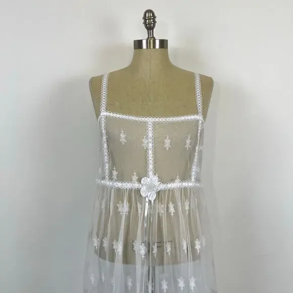 Vintage No Strings Attached Sheer White Floral Coverup Bridal Night Gown Dress M - Picture 8 of 13